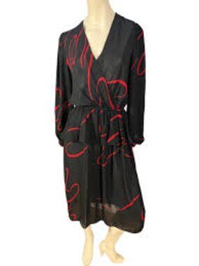 Vintage 80s Liz Roberts Red Black Abstract Peplum Midi Dress M/L